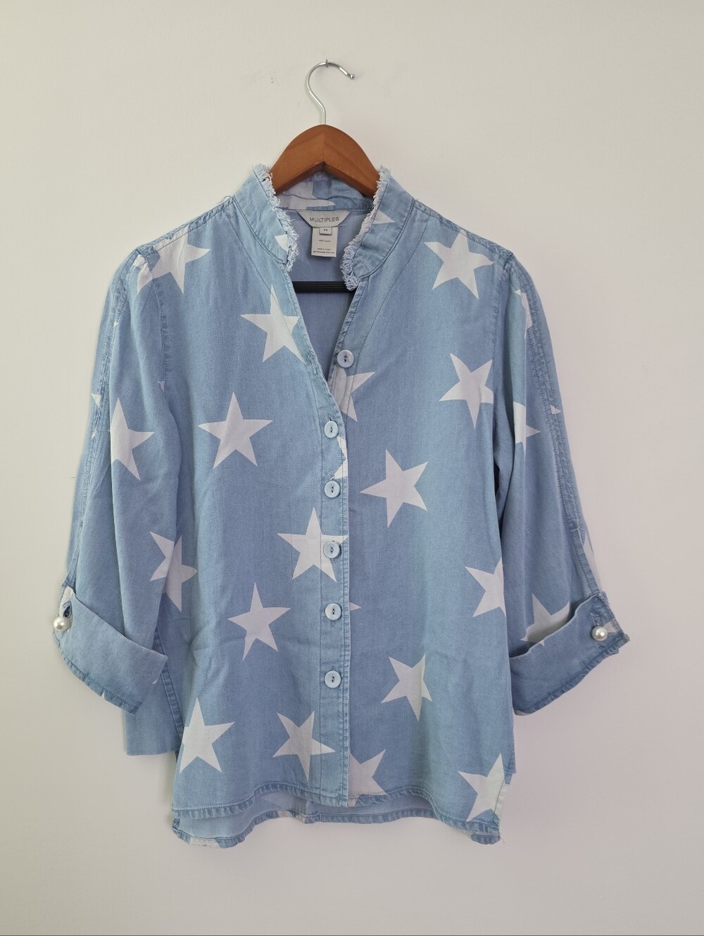 Denim Star Pattern Button Up Shirt Distressed Western Boho Womens PS Multiples